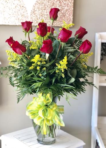 Long Stemmed Red Roses with Solidago