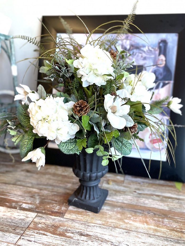 Silk: White Hydrangea in Black Urn