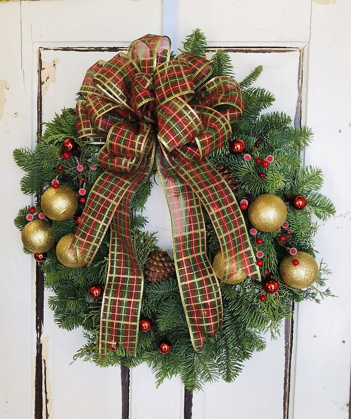 Live Evergreen Door Wreath Dressed up